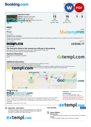 editable template, Turkmenistan hotel booking confirmation Word and PDF template, 2 pages