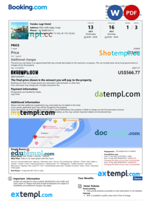 editable template, Tuvalu hotel booking confirmation Word and PDF template, 2 pages