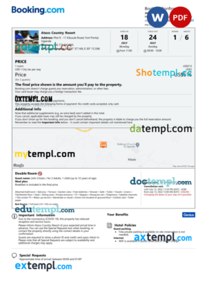 editable template, Uganda hotel booking confirmation Word and PDF template, 2 pages