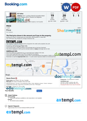 editable template, Brunei hotel booking confirmation Word and PDF template, 2 pages