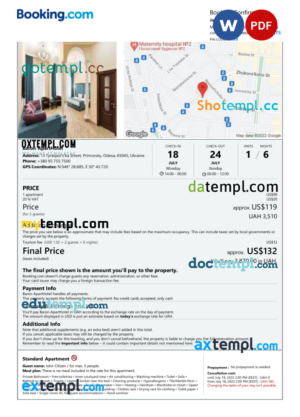 editable template, Ukraine hotel booking confirmation Word and PDF template, 2 pages