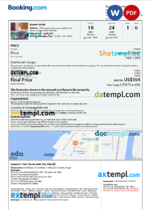 editable template, United Arab Emirates hotel booking confirmation Word and PDF template, 2 pages