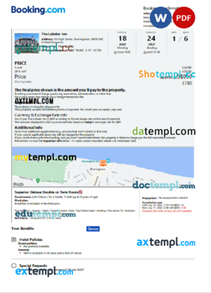 editable template, United Kingdom hotel booking confirmation Word and PDF template, 2 pages
