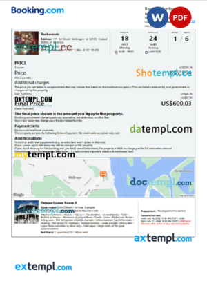 editable template, United States of America hotel booking confirmation Word and PDF template, 2 pages