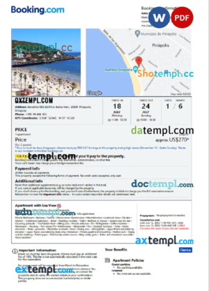editable template, Uruguay hotel booking confirmation Word and PDF template, 2 pages