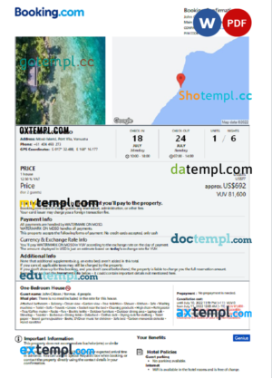 editable template, Vanuatu hotel booking confirmation Word and PDF template, 2 pages