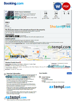 editable template, Venezuela hotel booking confirmation Word and PDF template, 2 pages