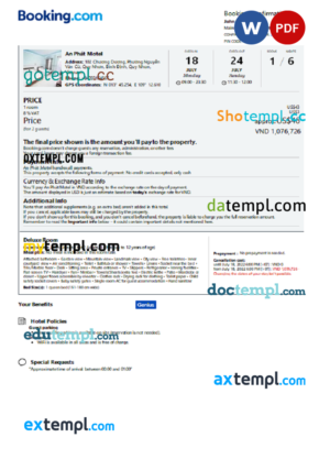 editable template, Vietnam hotel booking confirmation Word and PDF template, 2 pages