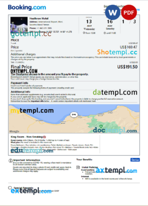 editable template, Yemen hotel booking confirmation Word and PDF template, 2 pages