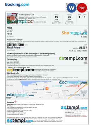 editable template, Burkina Faso hotel booking confirmation Word and PDF template, 2 pages