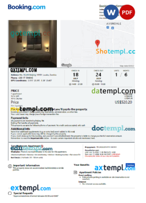 editable template, Zambia hotel booking confirmation Word and PDF template, 2 pages