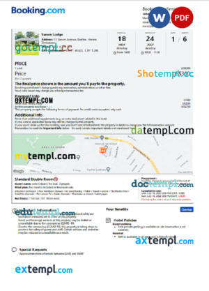 editable template, Zimbabwe hotel booking confirmation Word and PDF template, 2 pages