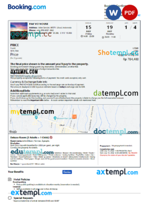 editable template, Indonesia hotel booking confirmation Word and PDF template, 2 pages