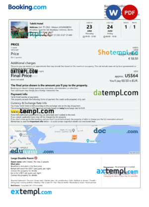 editable template, Benin hotel booking confirmation Word and PDF template, 2 pages