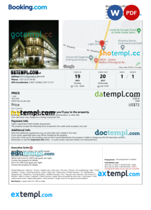 editable template, Burundi hotel booking confirmation Word and PDF template, 2 pages
