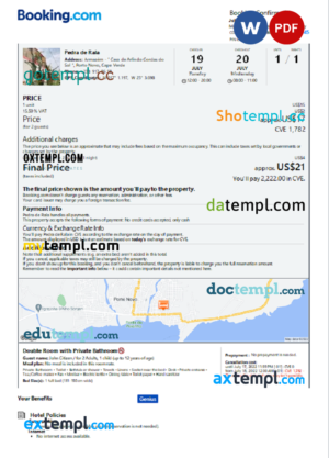 editable template, Cabo Verde hotel booking confirmation Word and PDF template, 2 pages