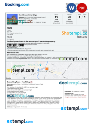editable template, Cambodia hotel booking confirmation Word and PDF template, 2 pages