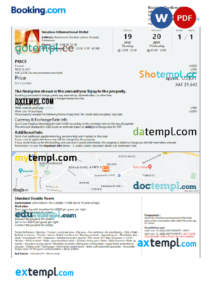 editable template, Cameroon hotel booking confirmation Word and PDF template, 2 pages