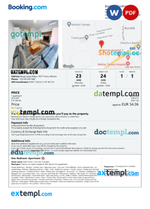 editable template, Albania hotel booking confirmation Word and PDF template, 2 pages