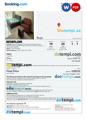 editable template, Central African Republic hotel booking confirmation Word and PDF template, 2 pages