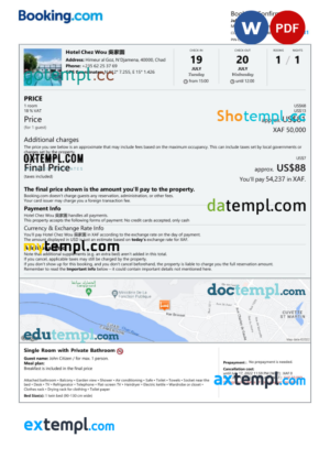 editable template, Chad hotel booking confirmation Word and PDF template, 2 pages
