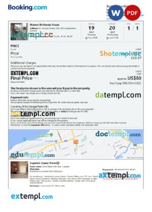 editable template, Canada hotel booking confirmation Word and PDF template, 2 pages