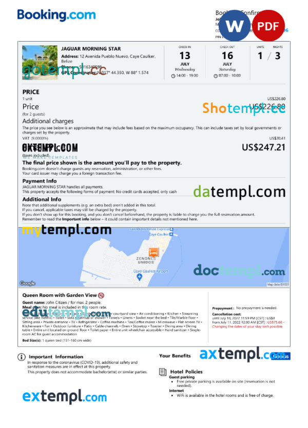 editable template, Belize hotel booking confirmation Word and PDF template, 2 pages