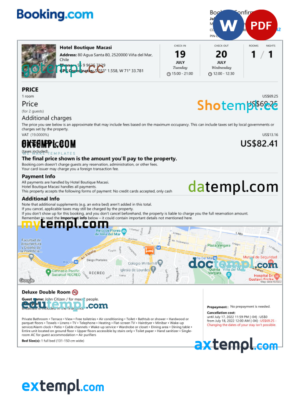 editable template, Chile hotel booking confirmation Word and PDF template, 2 pages