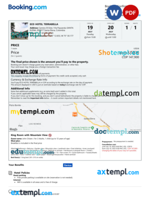 editable template, Colombia hotel booking confirmation Word and PDF template, 2 pages