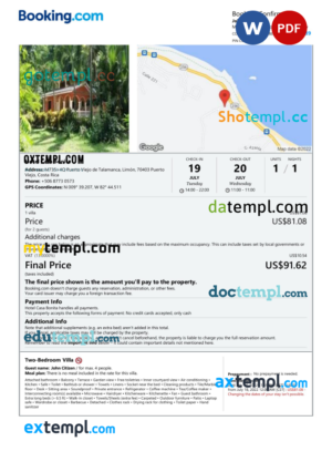 editable template, Costa Rica hotel booking confirmation Word and PDF template, 2 pages