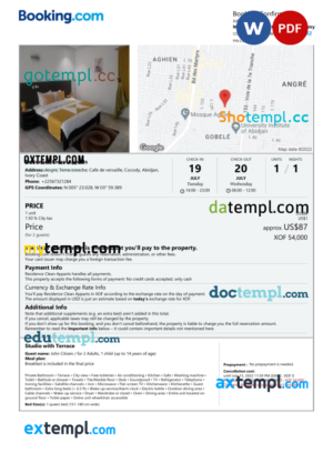 editable template, Côte d'Ivoire hotel booking confirmation Word and PDF template, 2 pages