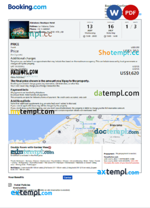 editable template, Cuba hotel booking confirmation Word and PDF template, 2 pages
