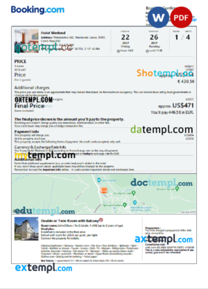 editable template, Czech Republic hotel booking confirmation Word and PDF template, 2 pages