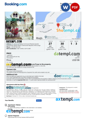 editable template, Democratic Republic of the Congo hotel booking confirmation Word and PDF template, 2 pages