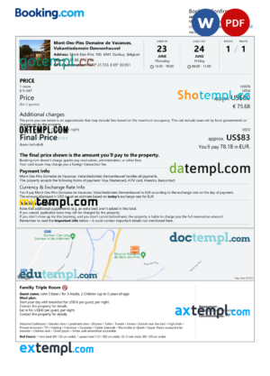 editable template, Belgium hotel booking confirmation Word and PDF template, 2 pages