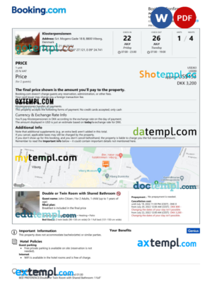 editable template, Denmark hotel booking confirmation Word and PDF template, 2 pages