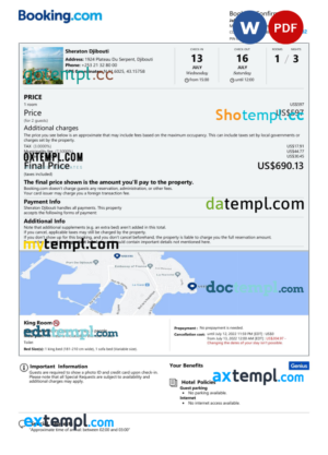 editable template, Djibouti hotel booking confirmation Word and PDF template, 2 pages