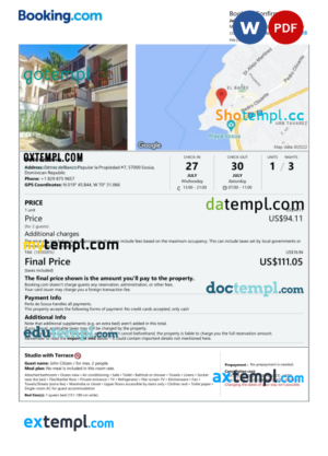 editable template, Dominican Republic hotel booking confirmation Word and PDF template, 2 pages