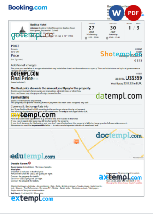 editable template, Equatorial Guinea hotel booking confirmation Word and PDF template, 2 pages