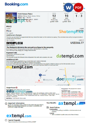 editable template, Eritea hotel booking confirmation Word and PDF template, 2 pages
