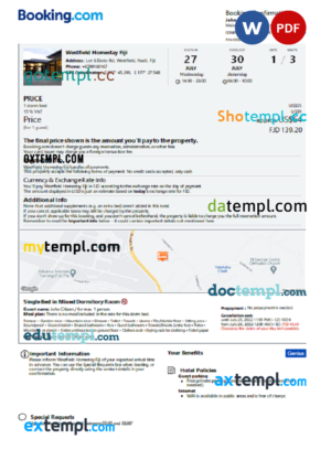 editable template, Fiji hotel booking confirmation Word and PDF template, 2 pages