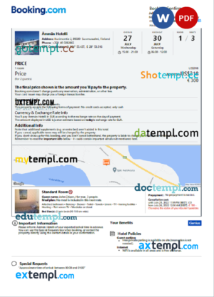 editable template, Finland hotel booking confirmation Word and PDF template, 2 pages