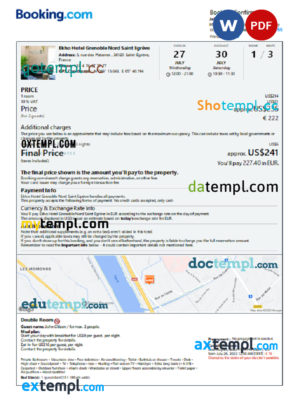 editable template, France hotel booking confirmation Word and PDF template, 2 pages