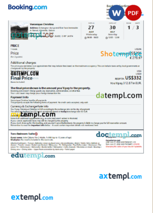 editable template, Gabon hotel booking confirmation Word and PDF template, 2 pages