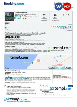 editable template, Gambia hotel booking confirmation Word and PDF template, 2 pages