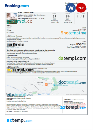editable template, Germany hotel booking confirmation Word and PDF template, 2 pages