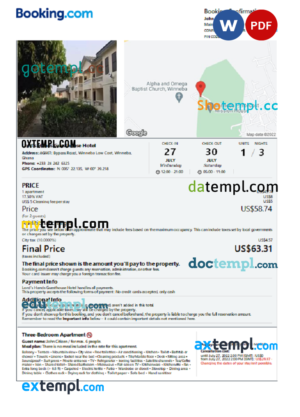 editable template, Ghana hotel booking confirmation Word and PDF template, 2 pages