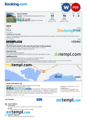 editable template, Bahamas hotel booking confirmation Word and PDF template, 2 pages
