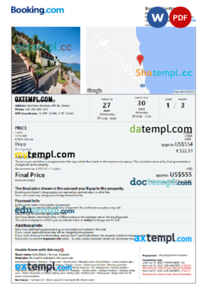 editable template, Greece hotel booking confirmation Word and PDF template, 2 pages