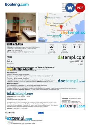 editable template, Guinea hotel booking confirmation Word and PDF template, 2 pages